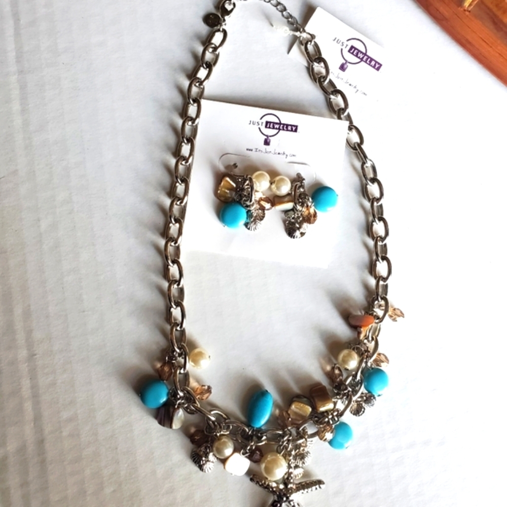 Vintage Seashells Pearls Silvertone Charm Necklace Pierced Dangle Earring